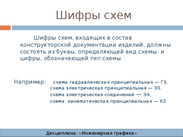 Шифры схем  Шифры схем, входящих в состав конструкторской документации изделий, должны состоять из буквы, определяющей вид схемы, и цифры, обозначающей тип схемы Например: схема гидравлическая принципиальная — ГЗ,  схема электрическая принципиальная — Э3,  схема электрическая соединений — Э4,   схема кинематическая принципиальная — К3 Дисциплина: «Инженерная графика» Дисциплина: «Инженерная графика» Дисциплина: «Инженерная графика» Дисциплина: «Инженерная графика»  