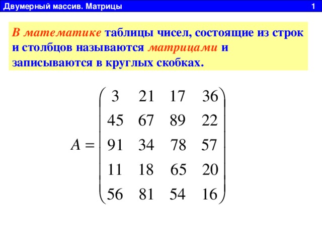 Двумерный массив. Матрицы 1 В математике  таблицы чисел, состоящие из строк и столбцов называются  матрицами  и записываются в круглых скобках.  