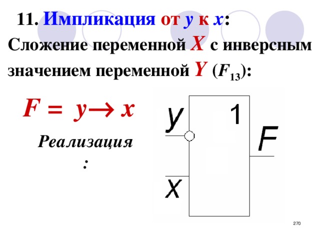  11.  Импликация от  y  к  x :   Сложение переменной X  с инверсным  значением переменной Y  ( F 13 ):   F = y   x Реализация: Пример использования инверсии на входе элемента (отрицательная логика).   