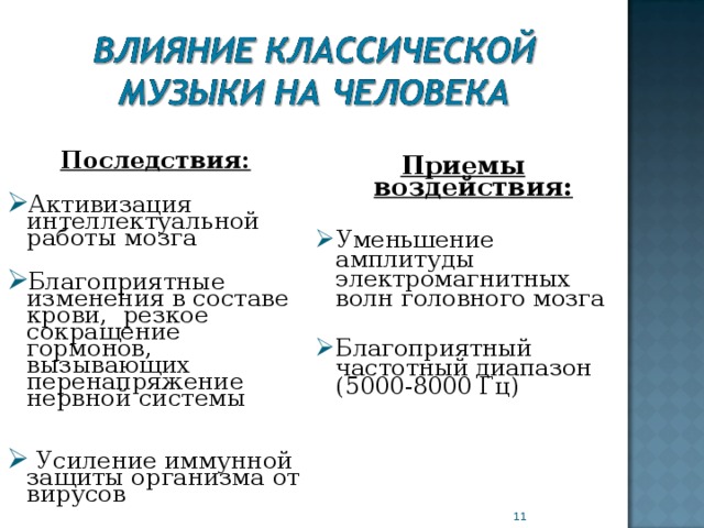 Последствия:  Активизация интеллектуальной работы мозга Благоприятные изменения в составе крови, резкое сокращение гормонов, вызывающих перенапряжение нервной системы   Усиление иммунной защиты организма от вирусов  Приемы воздействия: Уменьшение амплитуды электромагнитных волн головного мозга Благоприятный частотный диапазон (5000-8000 Гц)