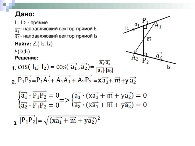 Дано: l ₁ ; l ₂  - прямые  - направляющий вектор прямой l ₁  - направляющий вектор прямой l ₂ Найти:  ∠( l ₁; l ₂ )   ( l ₂ ; l ₁) Решение: l ₁ = = l ₂ 1. + = + + = х + y 2. = 3. 