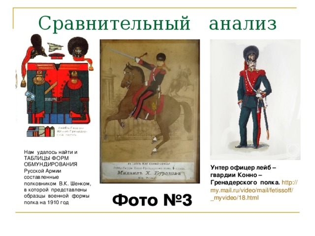 Нам удалось найти и ТАБЛИЦЫ ФОРМ ОБМУНДИРОВАНИЯ Русской Армии составленные полковником В.К. Шенком, в которой представлены образцы военной формы полка на 1910 год Унтер офицер лейб – гвардии Конно – Гренадерского полка.  http :// my.mail.ru / video / mail / fetissoff / _myvideo /18.html 