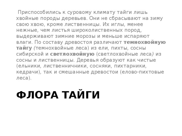   Приспособились к суровому климату тайги лишь хвойные породы деревьев. Они не сбрасывают на зиму свою хвою, кроме лиственницы. Их иглы, менее нежные, чем листья широколиственных пород, выдерживают зимние морозы и меньше испаряют влаги.  По составу древостоя различают  темнохвойную тайгу   ( темнохвойные леса) из ели, пихты, сосны сибирской и  светлохвойную (светлохвойные леса )  из сосны и лиственницы. Деревья образуют как чистые (ельники, лиственничники, сосняки, пихтарники, кедрачи), так и смешанные древостои (елово-пихтовые леса). ФЛОРА ТАЙГИ 