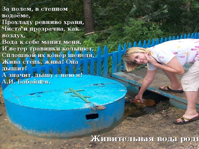 За полем, в степном водоёме, Прохладу ревниво храня, Чиста и прозрачна, как воздух, Вода к себе манит меня. И ветер травинки колышет, Сплошной их ковёр шевеля, Жива степь, жива! Она дышит! А значит, дышу с нею я! А.И. Бабайцев. Живительная вода родника 