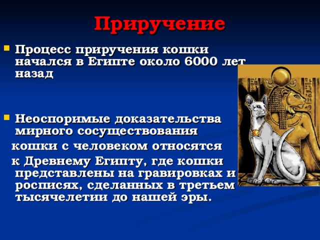Приручение Процесс приручения кошки начался в Египте около 6000 лет назад   Неоспоримые доказательства мирного сосуществования  кошки с человеком относятся  к Древнему Египту, где кошки представлены на гравировках и росписях, сделанных в третьем тысячелетии до нашей эры.