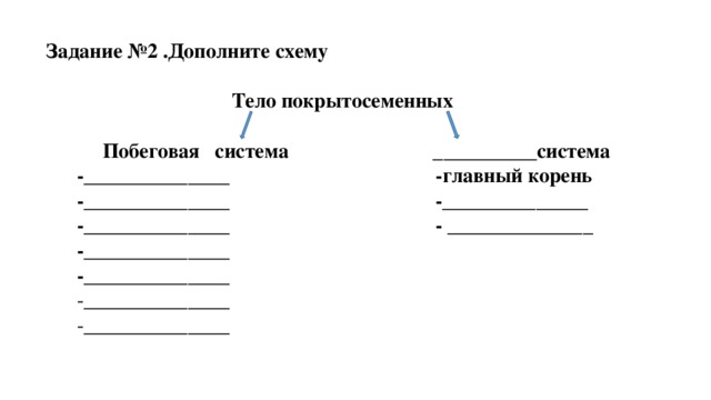  Задание №2 .Дополните схему   Тело покрытосеменных     Побеговая система __________система  -______________ -главный корень  -______________ -______________  -______________ - ______________  -______________  -______________  -______________  -______________ 