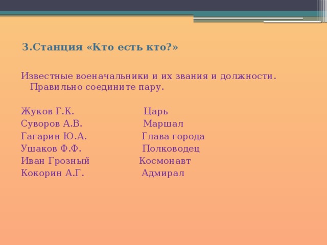 3.Станция «Кто есть кто?» Известные военачальники и их звания и должности. Правильно соедините пару. Жуков Г.К. Царь Суворов А.В. Маршал Гагарин Ю.А. Глава города Ушаков Ф.Ф. Полководец Иван Грозный Космонавт Кокорин А.Г. Адмирал 