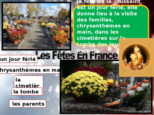 la fête de la Toussaint est un jour férié, elle donne lieu à la visite des familles, chrysanthèmes en main, dans les cimetières sur la tombe des leurs parents un jour férié  chrysanthèmes en main la cimetière la tombe  les parents 