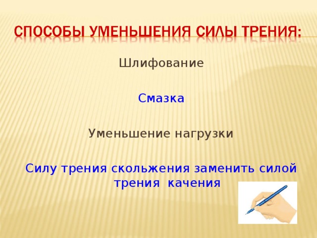 Шлифование Смазка Уменьшение нагрузки Силу трения скольжения заменить силой трения качения 