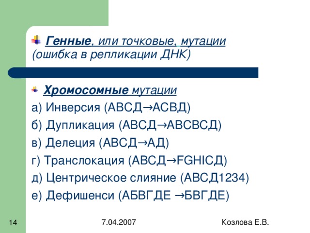  Генные , или точковые,  мутации  (ошибка в репликации ДНК) Хромосомные мутации а) Инверсия (АВСД →АСВД) б) Дупликация (АВСД →АВСВСД) в) Делеция (АВСД →АД) г) Транслокация (АВСД → FGHI СД) д) Центрическое слияние (АВСД1234) е) Дефишенси (АБВГДЕ →БВГДЕ)  