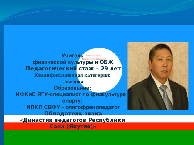                     Зональный этап X Всероссийского конкурса  «Мастер педагогического труда по учебным и внеучебным формам  физкультурно–оздоровительной и спортивной работы»   Республика Саха (Якутия)  Муниципальная общеобразовательная казённое учреждение специальная коррекционная школа – интернат №34  Николаев Сергей Афанасьевич   Учитель физической культуры и ОБЖ Педагогический стаж – 29 лет Квалификационная категория:  высшая Образование:  ИФКиС ЯГУ-специалист по физкультуре и спорту;  ИПКП СВФУ - олигофренопедагог  Обладатель знака «Династия педагогов Республики Саха (Якутия)»      