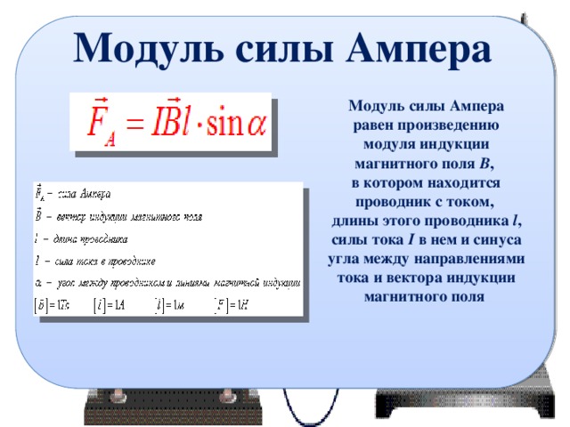 Модуль силы Ампера Модуль силы Ампера равен произведению модуля индукции магнитного поля B , в котором находится проводник с током, длины этого проводника l , силы тока I в нем и синуса угла между направлениями тока и вектора индукции магнитного поля   