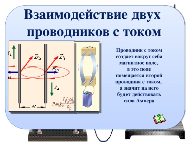 Взаимодействие двух  проводников с током Проводник с током создает вокруг себя магнитное поле, в это поле помещается второй проводник с током, а значит на него будет действовать сила Ампера 