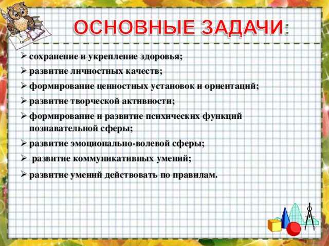 сохранение и укрепление здоровья; развитие личностных качеств; формирование ценностных установок и ориентаций; развитие творческой активности; формирование и развитие психических функций познавательной сферы; развитие эмоционально-волевой сферы;  развитие коммуникативных умений; развитие умений действовать по правилам.      