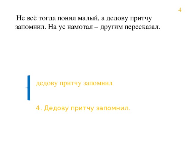 4  Не всё тогда понял малый, а дедову притчу запомнил. На ус намотал – другим пересказал. дедову притчу запомнил . 4. Дедову притчу запомнил.