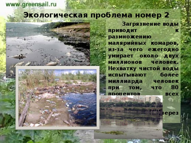 Экологическая проблема номер 2  Загрязнение воды приводит к размножению малярийных комаров, из-за чего ежегодно умирает около двух миллионов человек. Нехватку чистой воды испытывают более миллиарда человек при том, что 80 процентов всех инфекционных заболеваний передается через воду. 