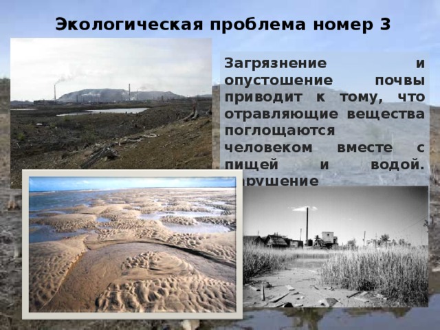 Экологическая проблема номер 3 Загрязнение и опустошение почвы приводит к тому, что отравляющие вещества поглощаются человеком вместе с пищей и водой. Нарушение пищеварения гарантированно. 