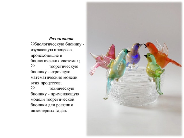  Различают биологическую бионику - изучающую процессы, происходящие в биологических системах;  теоретическую бионику - строящую математические модели этих процессов;  техническую бионику - применяющую модели теоретической бионики для решения инженерных задач. 