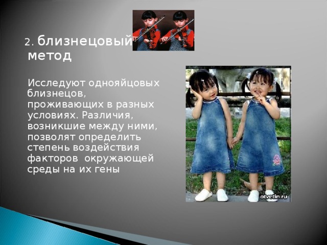  2. близнецовый метод   Исследуют однояйцовых близнецов, проживающих в разных условиях. Различия, возникшие между ними, позволят определить степень воздействия факторов окружающей среды на их гены 