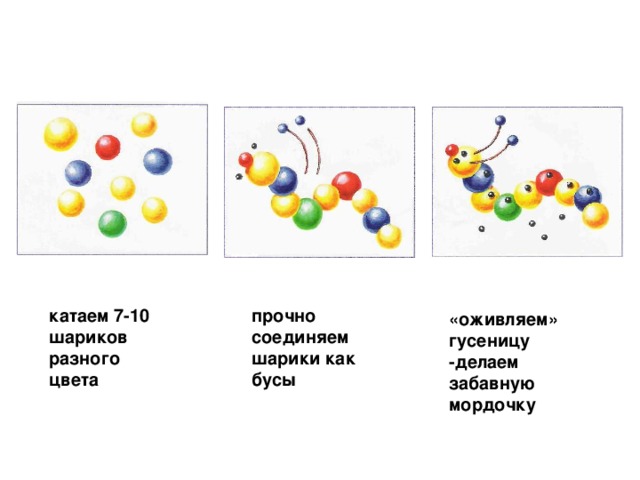 катаем 7-10 шариков разного цвета прочно соединяем шарики как бусы  «оживляем» гусеницу -делаем забавную мордочку