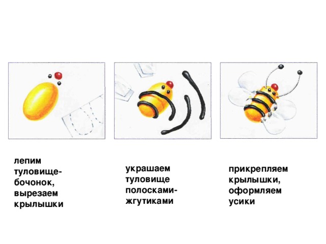 лепим туловище-бочонок, вырезаем крылышки  украшаем туловище полосками-жгутиками прикрепляем крылышки, оформляем усики
