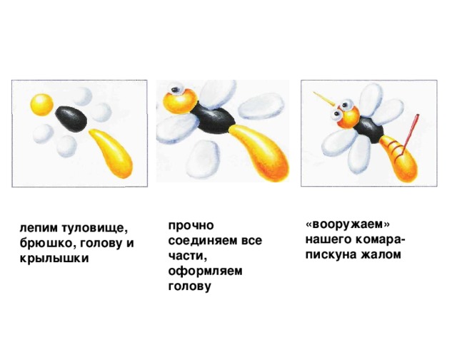 «вооружаем» нашего комара-пискуна жалом  прочно соединяем все части, оформляем голову  лепим туловище, брюшко, голову и крылышки