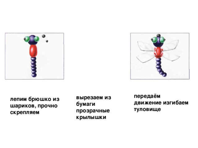 передаём движение изгибаем туловище  вырезаем из бумаги прозрачные крылышки  лепим брюшко из шариков, прочно скрепляем
