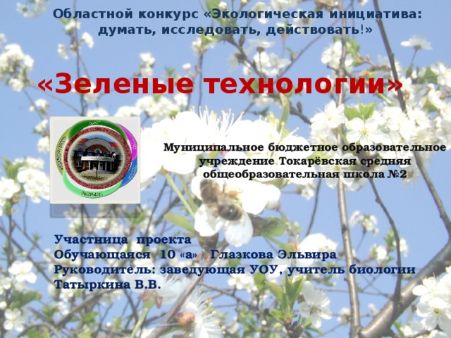 Областной конкурс «Экологическая инициатива: думать, исследовать, действовать ! »     «Зеленые технологии» Муниципальное бюджетное образовательное учреждение Токарёвская средняя общеобразовательная школа №2 Участница проекта Обучающаяся 10 «а» Глазкова Эльвира Руководитель: заведующая УОУ, учитель биологии Татыркина В.В. 