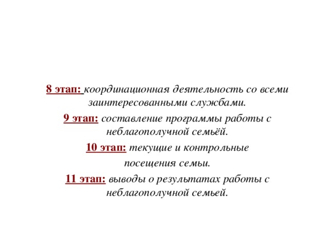    8 этап:  координационная деятельность со всеми заинтересованными службами. 9 этап: составление программы работы с неблагополучной семьёй. 10 этап: текущие и контрольные посещения семьи. 11 этап:  выводы о результатах работы с неблагополучной семьей. 