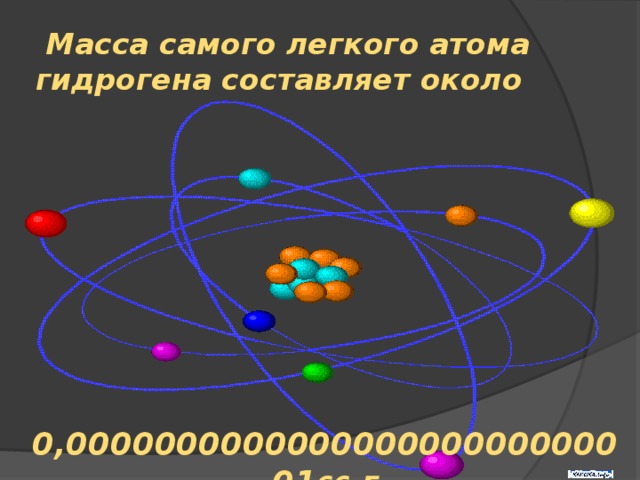 Масса самого легкого атома гидрогена составляет около  0,000000000000000000000000001 66 г