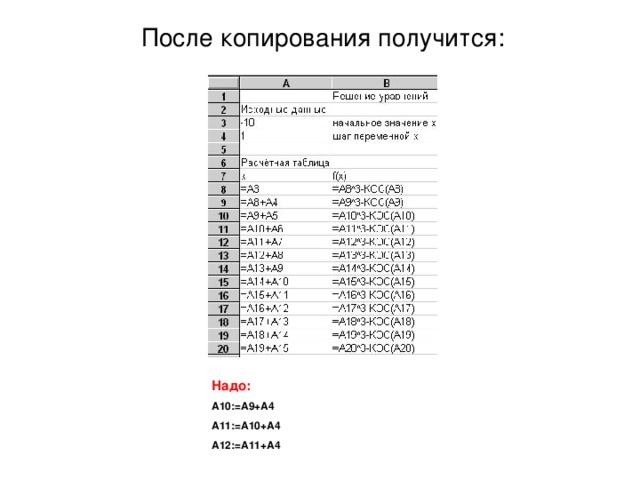 После копирования получится: Надо: A10:=A9+A4 A11:=A10+A4 A12:=A11+A4 