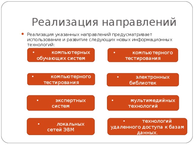  Реализация направлений Реализация указанных направлений предусматривает использование и развитие следующих новых информационных технологий: •  компьютерных обучающих систем •  компьютерного тестирования •  компьютерного тестирования •  электронных библиотек •  экспертных систем •  мультимедийных технологий •  локальных сетей ЭВМ •  технологий удаленного доступа к базам данных. 