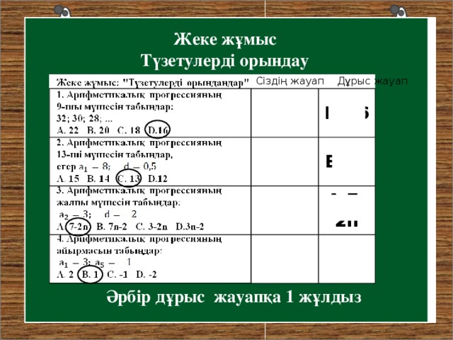 Жеке жұмыс Т үзетулерді орындау C іздің жауап Дұрыс жауап D 16 B 14 A 7-2 n C -1 Әрбір дұрыс жауапқа 1 жұлдыз 