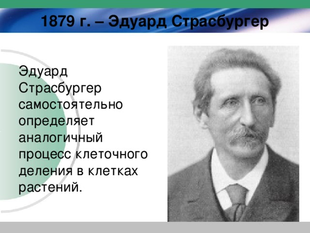 1879 г. – Эдуард Страсбургер Эдуард Страсбургер самостоятельно определяет аналогичный процесс клеточного деления в клетках растений.   