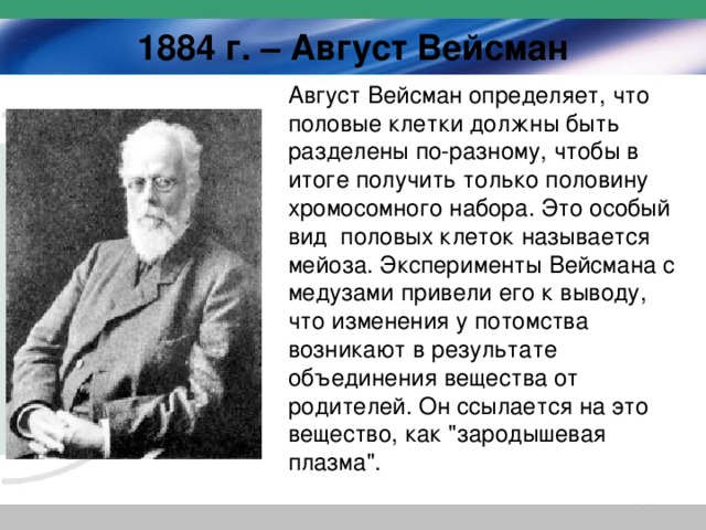 1884 г. – Август Вейсман Август Вейсман определяет, что половые клетки должны быть разделены по-разному, чтобы в итоге получить только половину хромосомного набора. Это особый вид  половых клеток называется мейоза. Эксперименты Вейсмана с медузами привели его к выводу, что изменения у потомства возникают в результате объединения вещества от родителей. Он ссылается на это вещество, как 