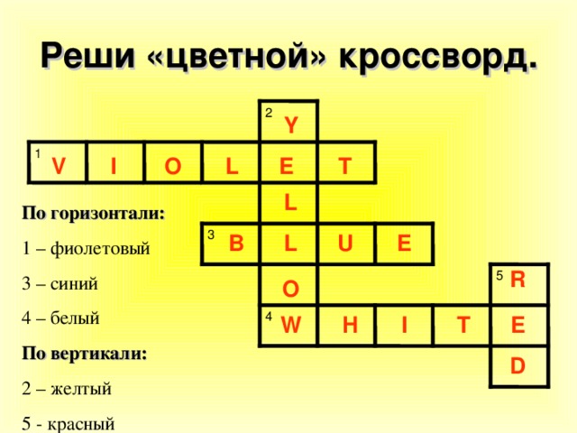 Реши «цветной» кроссворд. 2 Y 1 T V I O L E L По горизонтали: 1 – фиолетовый 3 – синий 4 – белый По вертикали: 2 – желтый 5 - красный 3 E U B L R 5 O 4 W E T I H D