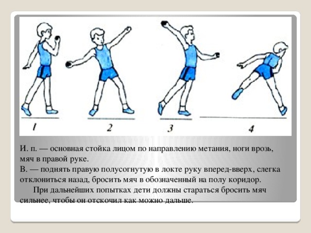 И. п. — основная стойка лицом по направлению метания, ноги врозь, мяч в правой руке.  В. — поднять правую полусогнутую в локте руку вперед-вверх, слегка отклониться назад, бросить мяч в обозначенный на полу коридор.        При дальнейших попытках дети должны стараться бросить мяч сильнее, чтобы он отскочил как можно дальше.   