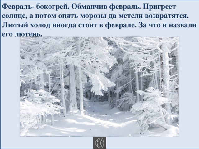 Февраль- бокогрей. Обманчив февраль. Пригреет солнце, а потом опять морозы да метели возвратятся. Лютый холод иногда стоит в феврале. За что и назвали его лютень. 