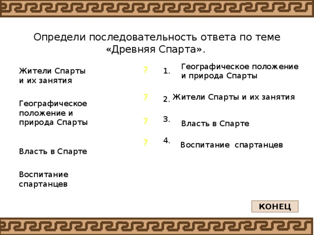 Определи последовательность ответа по теме «Древняя Спарта».   Географическое положение и природа Спарты ? 1. Жители Спарты и их занятия ? Жители Спарты и их занятия 2. Географическое положение и природа Спарты 3. ? Власть в Спарте 4. ? Воспитание спартанцев Власть в Спарте Воспитание спартанцев КОНЕЦ