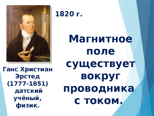 1820 г. Магнитное поле существует вокруг проводника с током. Ганс Христиан Эрстед (1777-1851)  датский учёный, физик. 