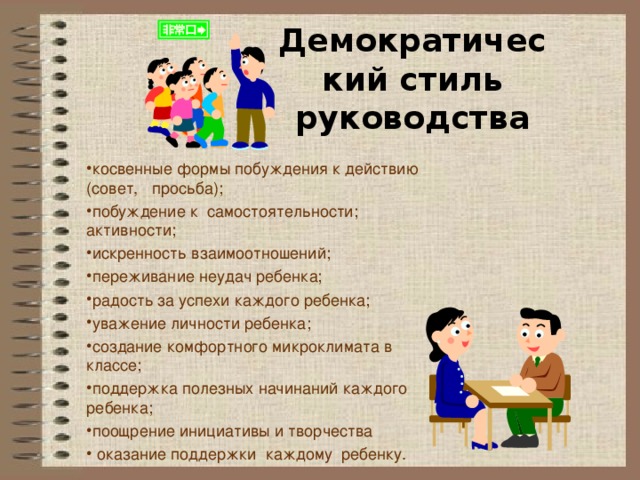 Демократический стиль руководства косвенные формы побуждения к действию (совет, просьба); побуждение к самостоятельности; активности; искренность взаимоотношений; переживание неудач ребенка; радость за успехи каждого ребенка; уважение личности ребенка; создание комфортного микроклимата в классе; поддержка полезных начинаний каждого ребенка; поощрение инициативы и творчества  оказание поддержки каждому ребенку. 