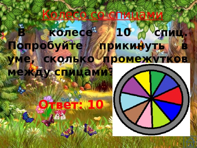 Колесо со спицами В колесе 10 спиц. Попробуйте прикинуть в уме, сколько промежутков между спицами? Ответ: 10 