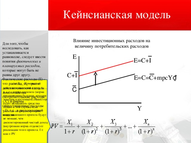   Кейнсианская модель Влияние инвестиционных расходов на величину потребительских расходов Для того, чтобы исследовать, как устанавливается равновесие, следует ввести понятия  фактических и планируемых расходов , которые могут быть не равны друг другу. Фактические расходы (Е) – это расходы, которые в действительности сделали домохозяйства (потребительские расходы – С) и фирмы (инвестиционные расходы – I), т.е.  в двухсекторной модели  E  E=C+I C+I  E=C=C+mpcY₫ где Х 1,...... Х n  – чистый доход от инвестиций в году 1, .... n, а r – норма дисконта (норма предпочтения будущих доходов доходам в настоящем).Инвестор будет вкладывать средства только в том случае, если расходы на финансирование инвестиционного проекта будут не меньше, чем дисконтированный чистый доход (внутренняя норма отдачи) от реализации этого проекта:   I    C  Y  