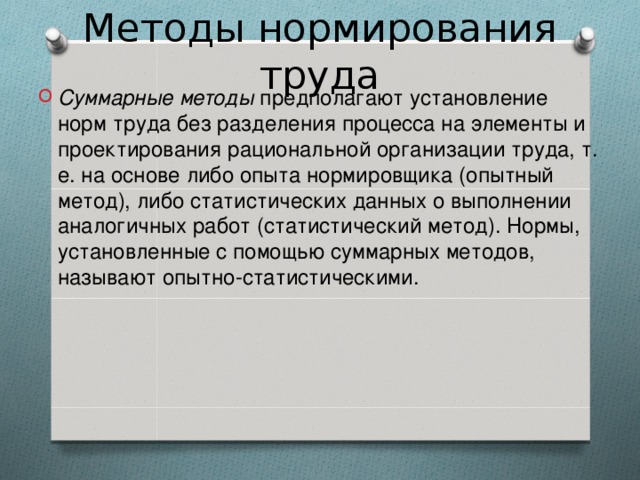 Установление норм. Суммарные методы нормирования. Суммарный метод нормирования труда. Укажите суммарные методы нормирования:. Опытный метод это.