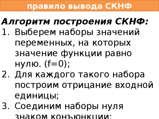 правило вывода СКНФ Алгоритм построения СКНФ: Выберем наборы значений переменных, на которых значение функции равно нулю. (f=0); Для каждого такого набора построим отрицание входной единицы; Соединим наборы нуля знаком конъюнкции; При необходимости упростить. 