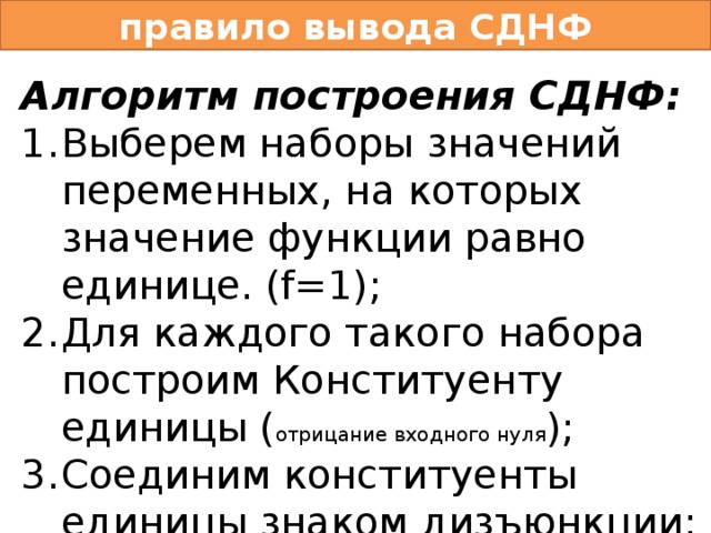 правило вывода СДНФ Алгоритм построения СДНФ: Выберем наборы значений переменных, на которых значение функции равно единице. (f=1); Для каждого такого набора построим Конституенту единицы ( отрицание входного нуля ); Соединим конституенты единицы знаком дизъюнкции; При необходимости упростить.  