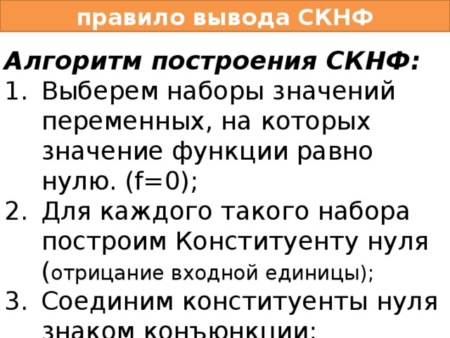 правило вывода СКНФ Алгоритм построения СКНФ: Выберем наборы значений переменных, на которых значение функции равно нулю. (f=0); Для каждого такого набора построим Конституенту нуля ( отрицание входной единицы); Соединим конституенты нуля знаком конъюнкции; При необходимости упростить. 