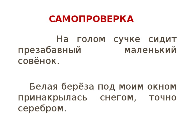 Самопроверка  На голом сучке сидит презабавный маленький совёнок.  Белая берёза под моим окном принакрылась снегом, точно серебром. 