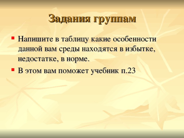 Задания группам Напишите в таблицу какие особенности данной вам среды находятся в избытке, недостатке, в норме. В этом вам поможет учебник п.23 