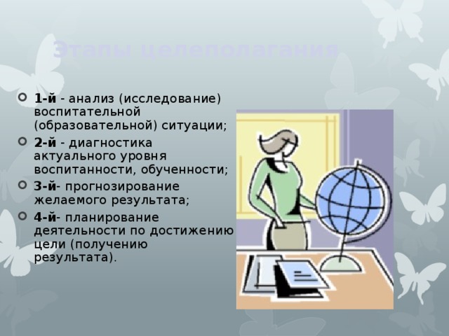 Этапы целеполагания 1-й - анализ (исследование) воспитательной (образовательной) ситуации; 2-й - диагностика актуального уровня воспитанности, обученности; 3-й - прогнозирование желаемого результата; 4-й - планирование деятельности по достижению цели (получению результата). 
